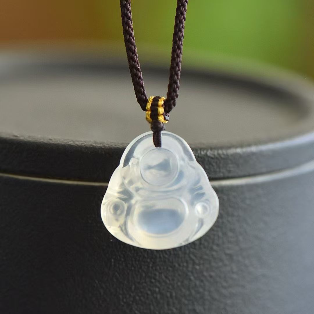 Chalcedony big-bellied Buddha pendant, Madagascar ice-type white moonlight agate Laughing Buddha necklace, Buddha God pendant, sweater necklace pendant Application Scenario