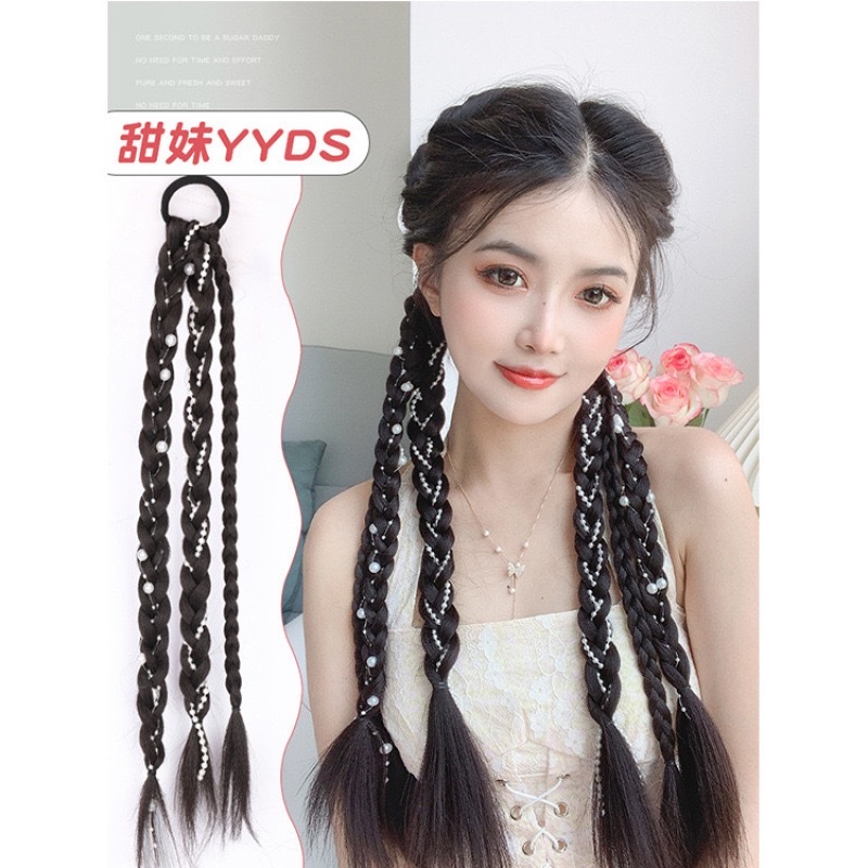 Double pearl braid wig, sweet and cool ponytail wig, braid pearl braid details Picture