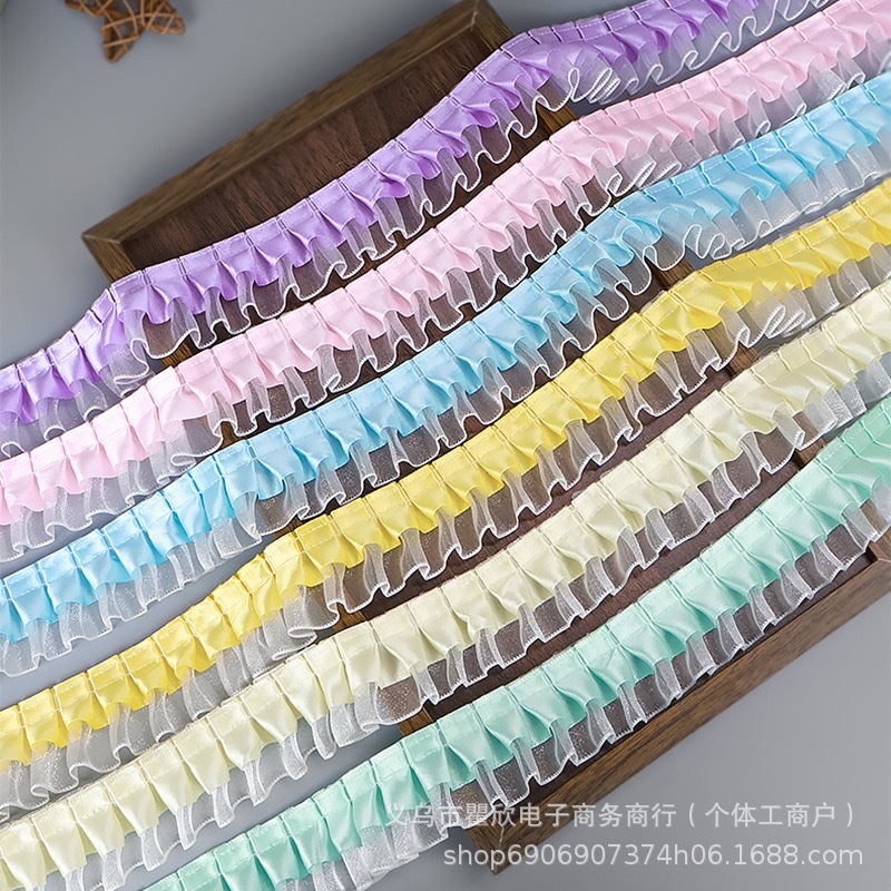 双层4cm褶皱涤纶雪纺边辅料袖口手工diy蕾丝花边爱心透明扇子材料花边