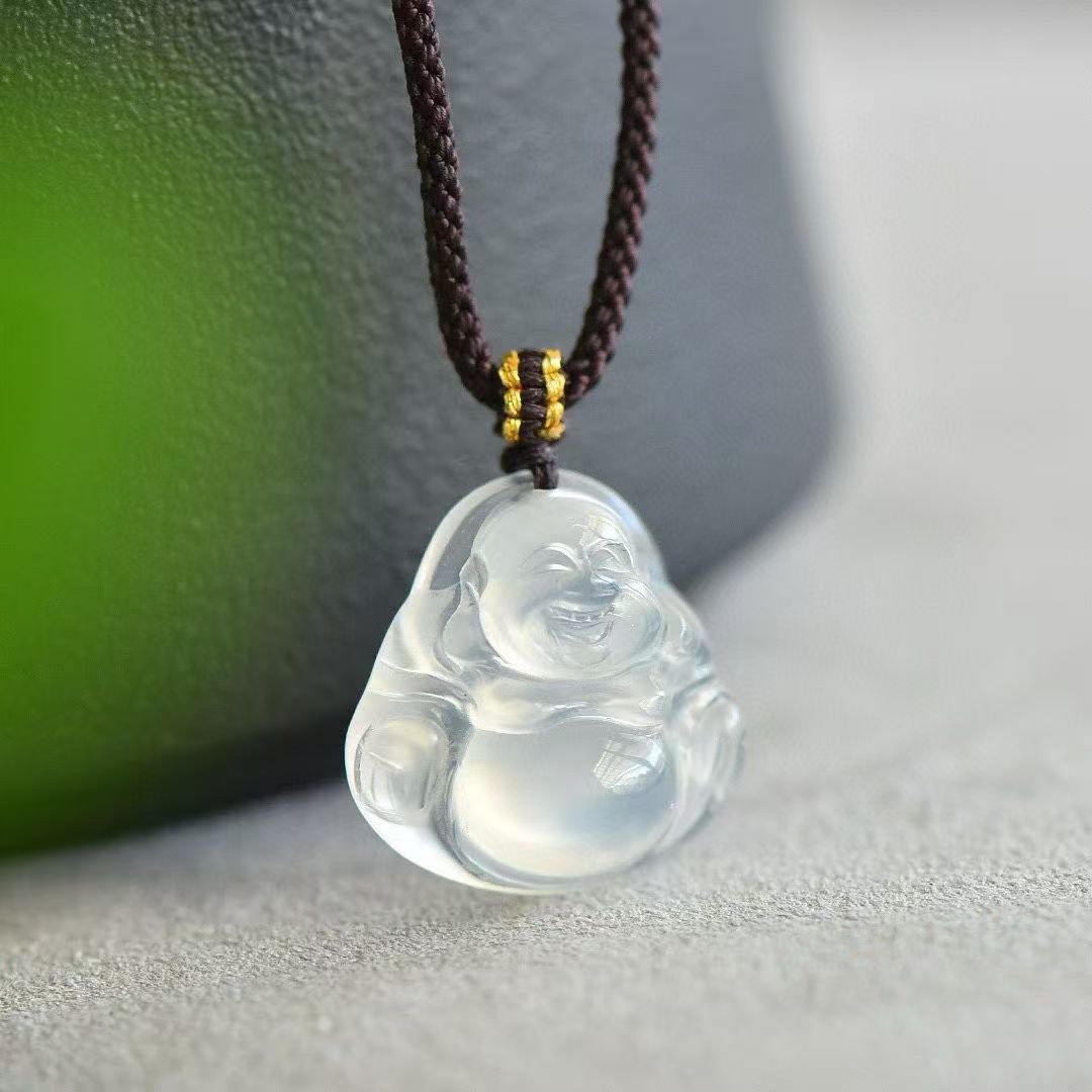 Chalcedony big-bellied Buddha pendant, Madagascar ice-type white moonlight agate Laughing Buddha necklace, Buddha God pendant, sweater necklace pendant details Picture