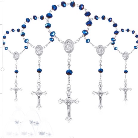 亚马逊新款圣餐十字架念珠 蓝色 水晶 洗礼 手链派对男女礼品