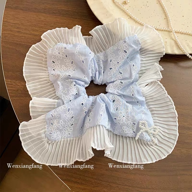 韩系蓝色花朵珍珠方巾大肠发圈女高级感头饰扎头发超大号方形发绳饰品新款细节图