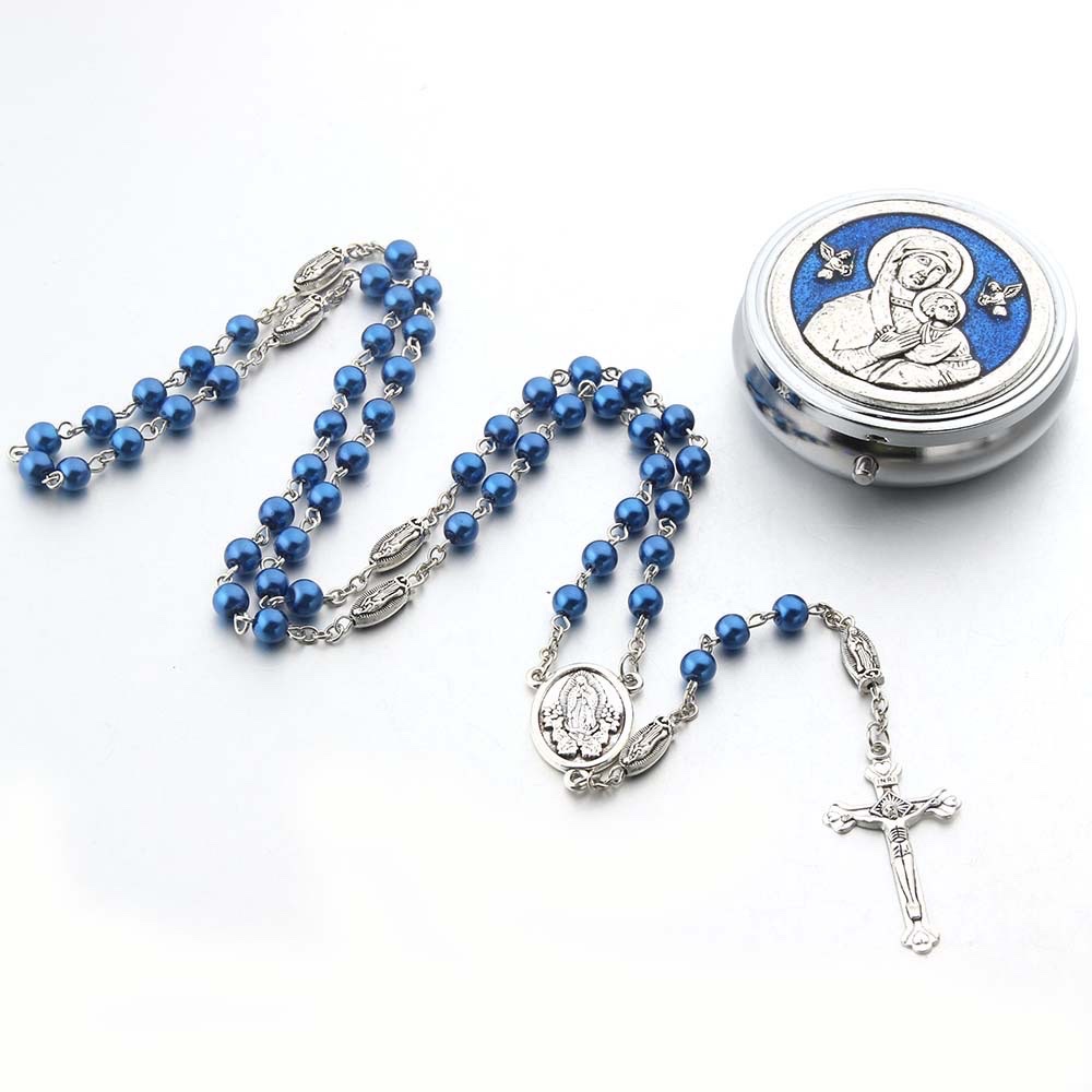 Foreign trade Communion Alloy Virgin Mary Long Prayer Bead Necklace Gift Box Alloy Box Baptism Set Men's and women's gifts Rose gold necklace Application Scenario