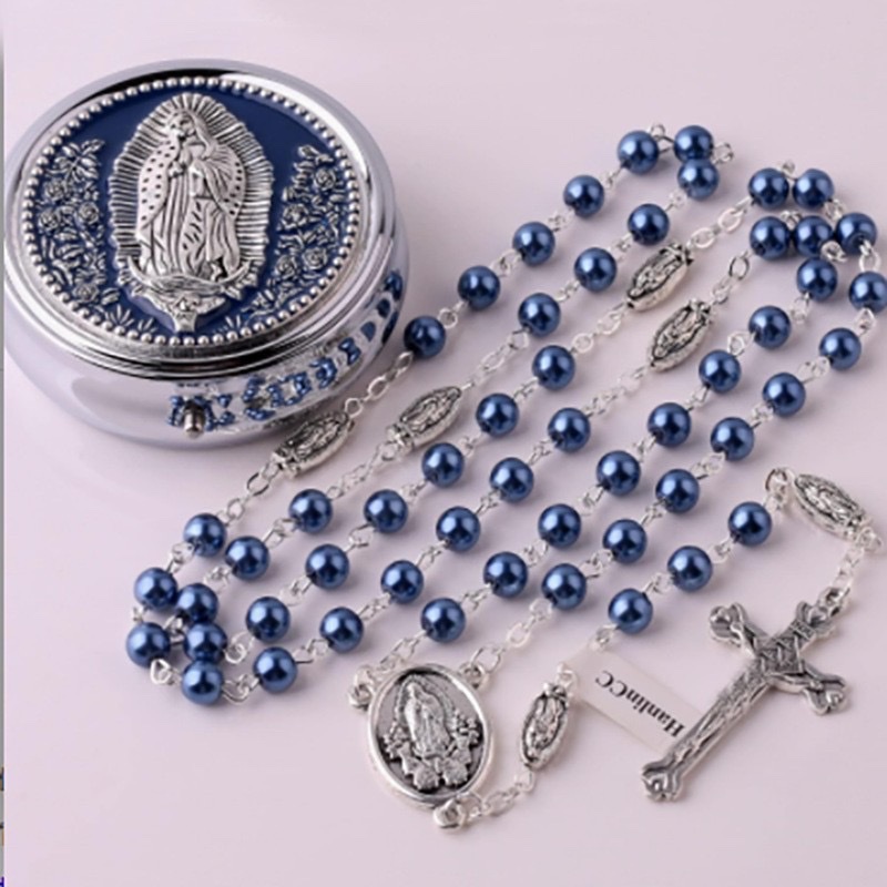 Foreign trade Communion Alloy Virgin Mary Long Prayer Bead Necklace Gift Box Alloy Box Baptism Set Men's and women's gifts Rose gold necklace Specification image