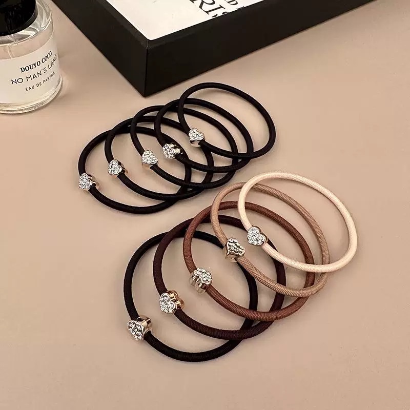 Simple and cute little heart-shaped water diamond hair band, durable rubber band, high-elasticity hair tie, women's hair accessory, hair band, large intestine hair band, Korean hair tie Simple and cute little heart-shaped water diamond hair band, durable rubber band, high-elasticity hair tie, women's hair accessory, hair band, large intestine hair band, Korean hair tie