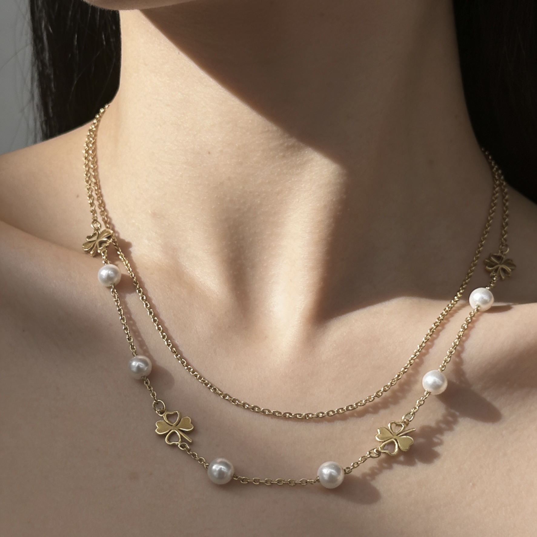 金色珍珠项链女款拼接气质珍珠链条不锈钢饰品项链双层项链