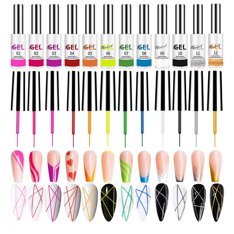 Nail art string glue set: 12-color classic painting glue, high-density saturated, specially designed for outlining and flower drawing Application Scenario