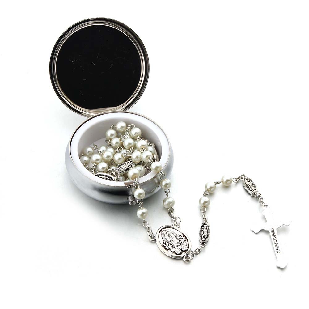Foreign trade Communion Alloy Virgin Mary Long Prayer Bead Necklace Gift Box Alloy Box Baptism Set Men's and women's gifts Rose gold necklace details Picture