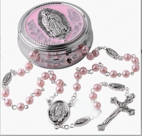 Foreign trade Communion Alloy Virgin Mary Long Prayer Bead Necklace Gift Box Alloy Box Baptism Set Men's and women's gifts Rose gold necklace Item Picture