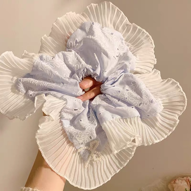 韩系蓝色花朵珍珠方巾大肠发圈女高级感头饰扎头发超大号方形发绳饰品新款产品图