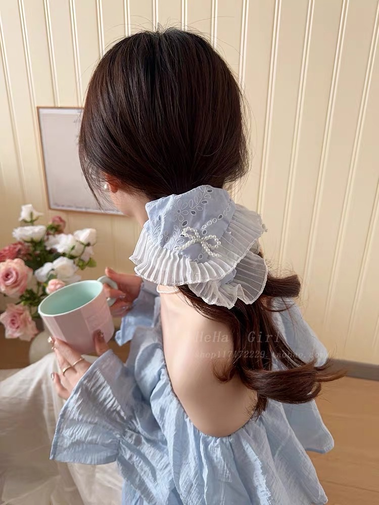 韩系蓝色花朵珍珠方巾大肠发圈女高级感头饰扎头发超大号方形发绳饰品新款