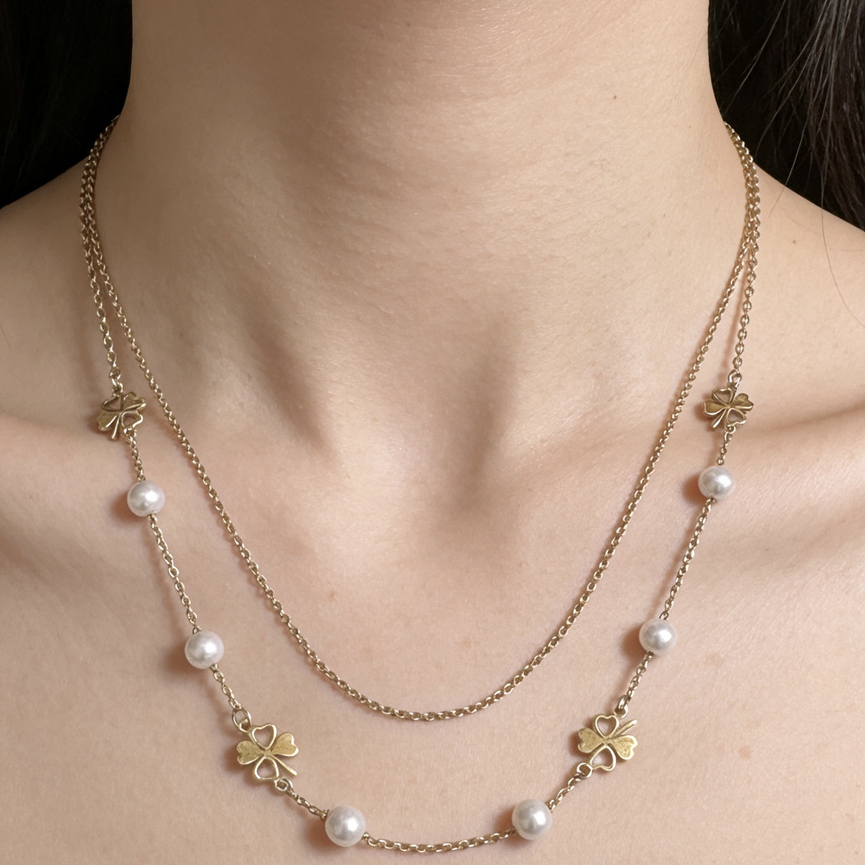 金色珍珠项链女款拼接气质珍珠链条不锈钢饰品项链双层项链产品图