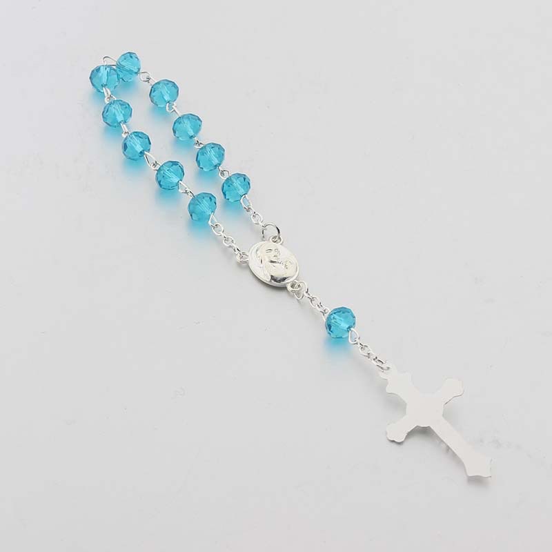 Amazon's new Communion cross rosary blue crystal baptism bracelet is a gift for both men and women at parties details Picture