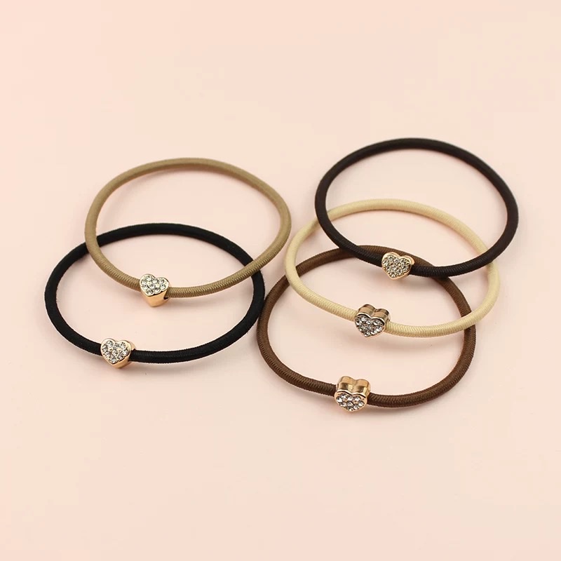 Simple and cute little heart-shaped water diamond hair band, durable rubber band, high-elasticity hair tie, women's hair accessory, hair band, large intestine hair band, Korean hair tie Specification image