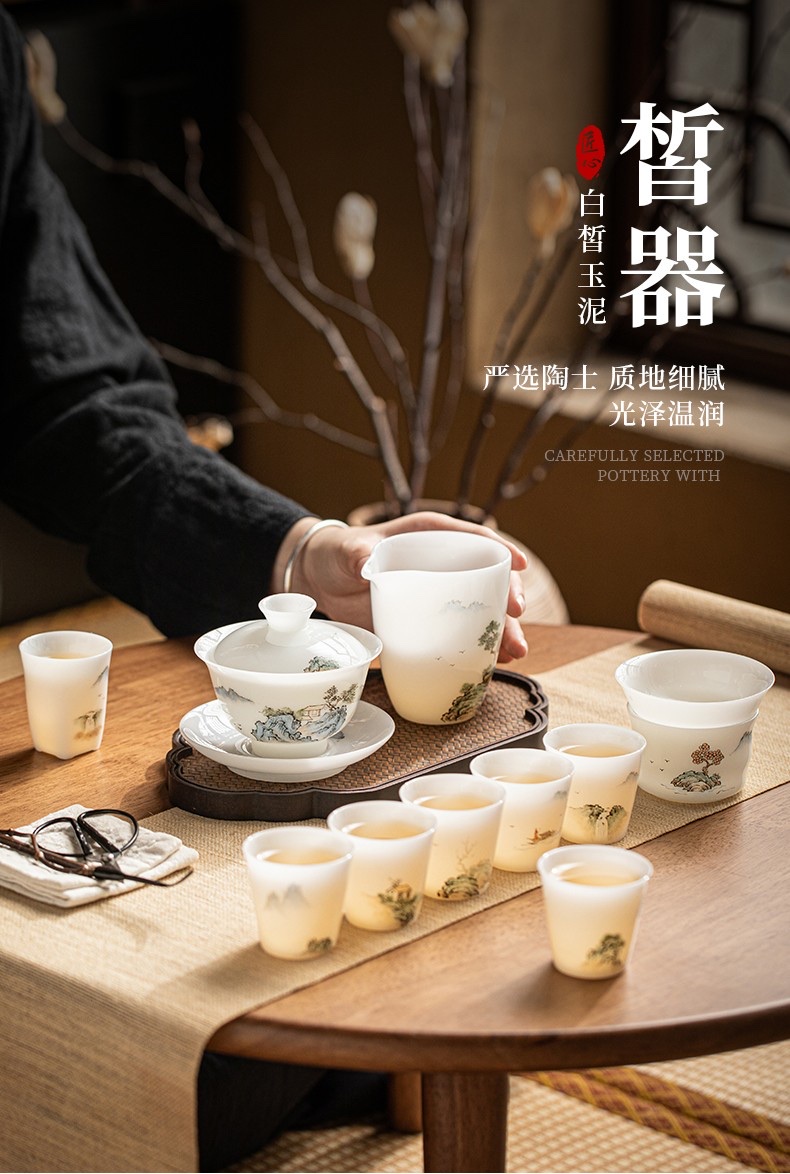 White jade clay hand-painted landscape tea set