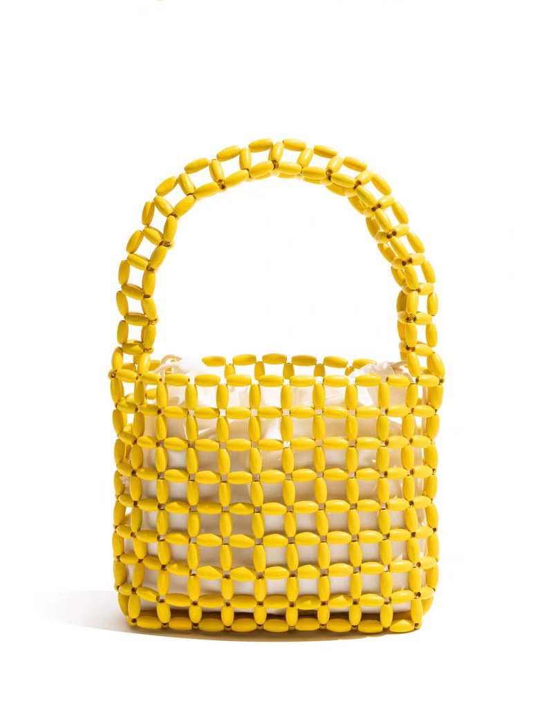 A new Instagram-style women's hand-held handbag with wooden beads and a hollowed-out design. It features a pure handcrafted beaded design in macaron color detail image 11