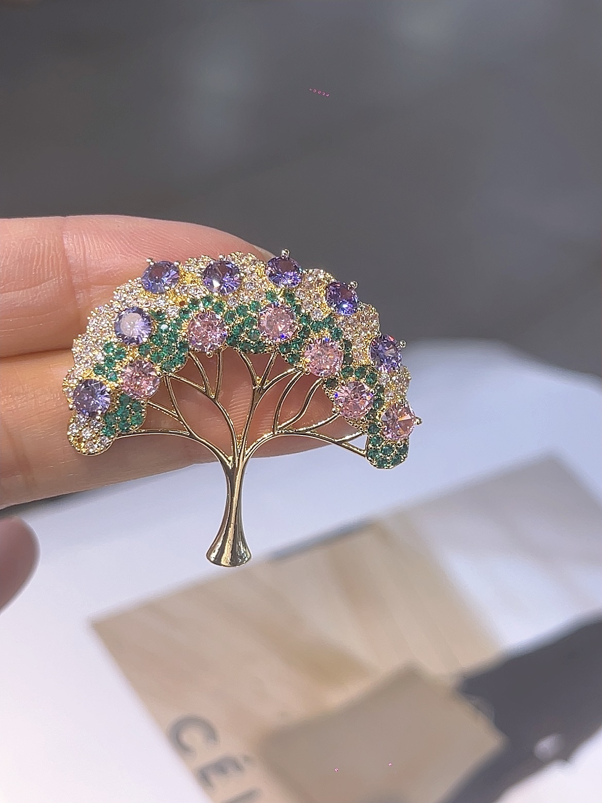  跨境 铜胸针发财树 混彩锆石镶嵌