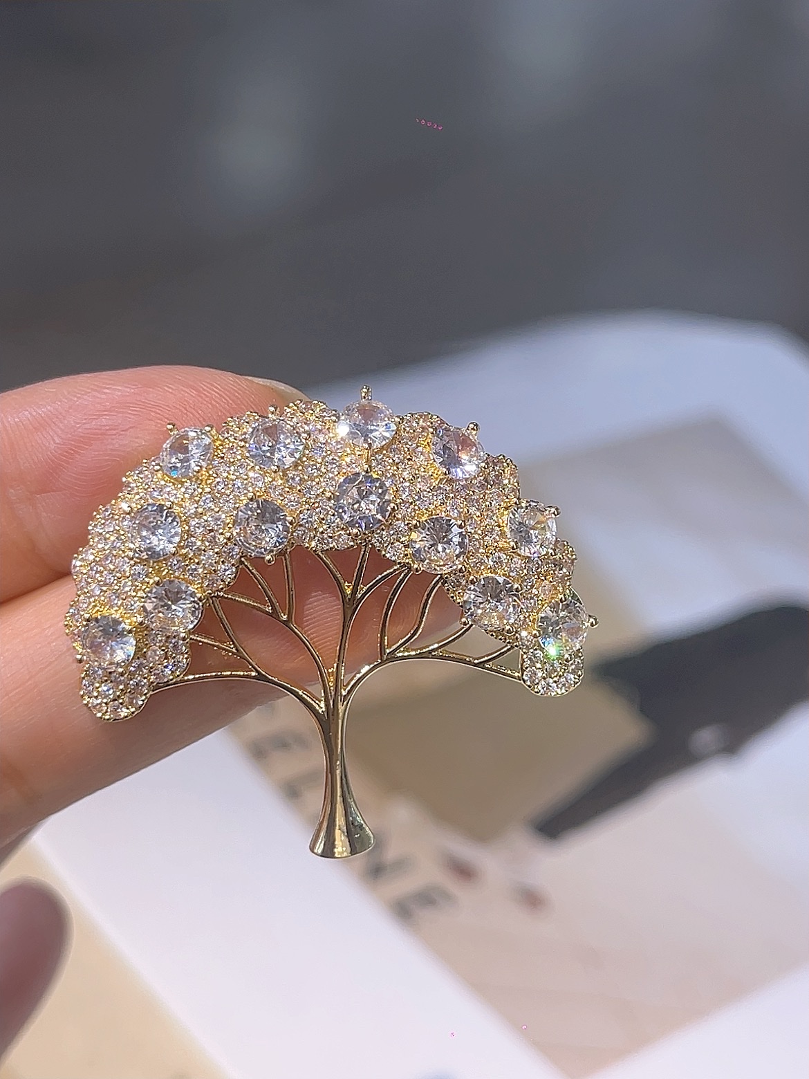  跨境 铜胸针发财树 白色锆石镶嵌