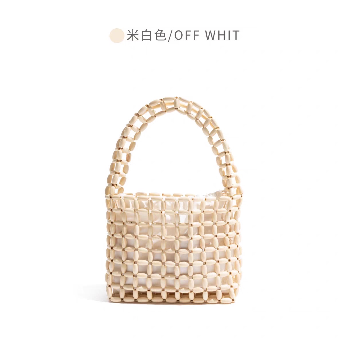 A new Instagram-style women's hand-held handbag with wooden beads and a hollowed-out design. It features a pure handcrafted beaded design in macaron color detail image 5