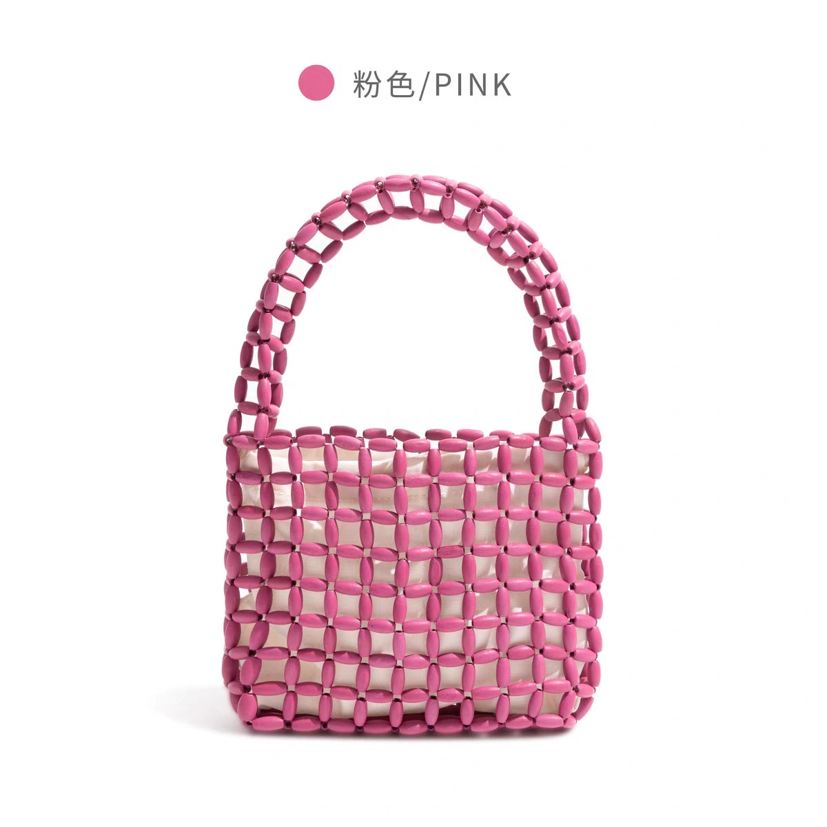 A new Instagram-style women's hand-held handbag with wooden beads and a hollowed-out design. It features a pure handcrafted beaded design in macaron color detail image 8