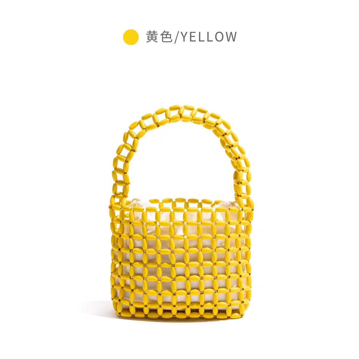 A new Instagram-style women's hand-held handbag with wooden beads and a hollowed-out design. It features a pure handcrafted beaded design in macaron color Item Picture