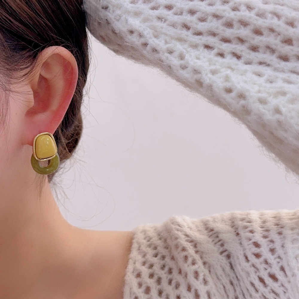 Korean-style contrasting color geometric resin hollowed-out ring earrings, a light luxury, simple and fashionable, elegant and versatile ear stud accessory for women Application Scenario