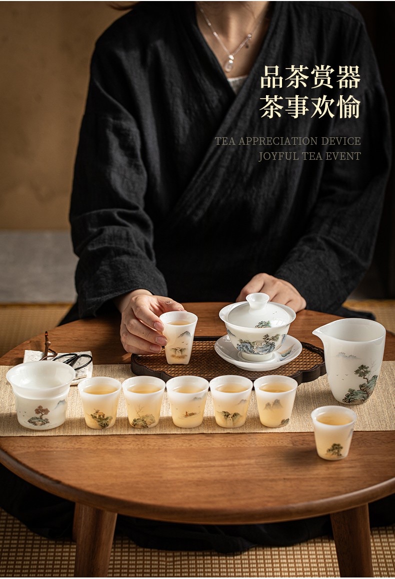 White jade clay hand-painted landscape tea set detail image 4