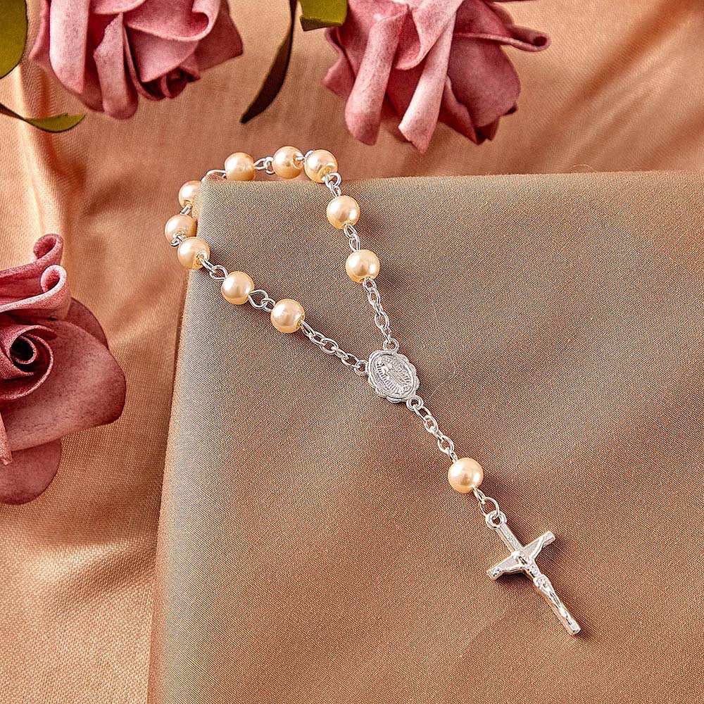 Etsy's best-selling baby glass pearl Christy Communion bracelet gift, a mini prayer bead bracelet with a heart cross details Picture