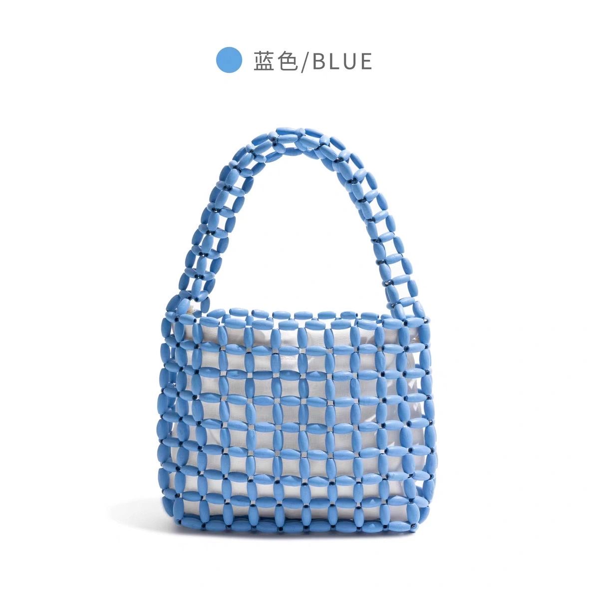 A new Instagram-style women's hand-held handbag with wooden beads and a hollowed-out design. It features a pure handcrafted beaded design in macaron color detail image 9