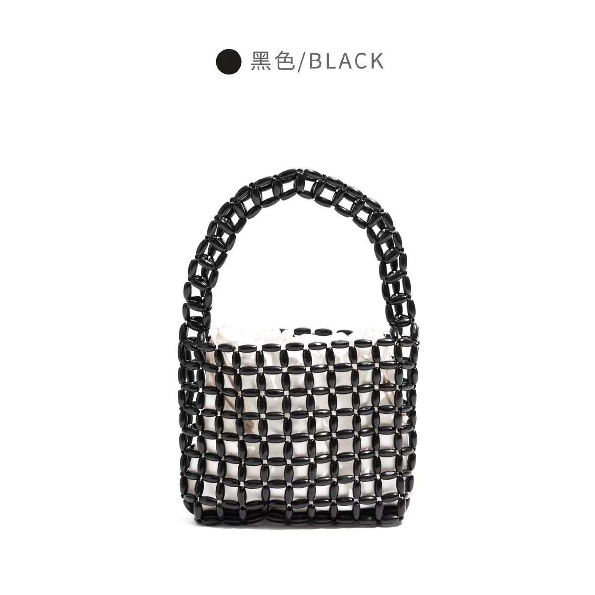 A new Instagram-style women's hand-held handbag with wooden beads and a hollowed-out design. It features a pure handcrafted beaded design in macaron color detail image 7