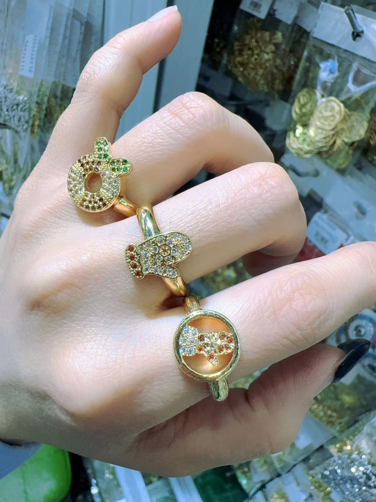 A light luxury festive atmosphere ring, Christmas element three-piece set, adjustable opening ring with diamonds