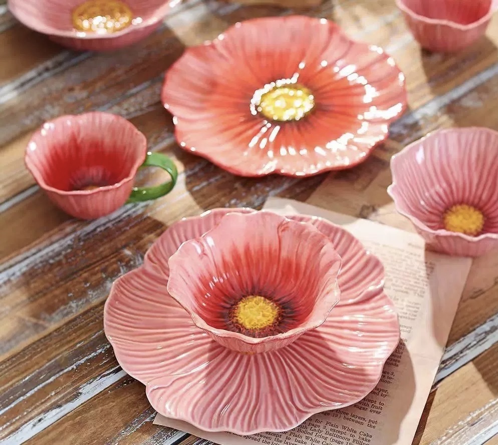 Poppy oven, flower household tray, baking tray, plate, soup bowl, ceramic dessert plate, ceramic tableware Item Picture