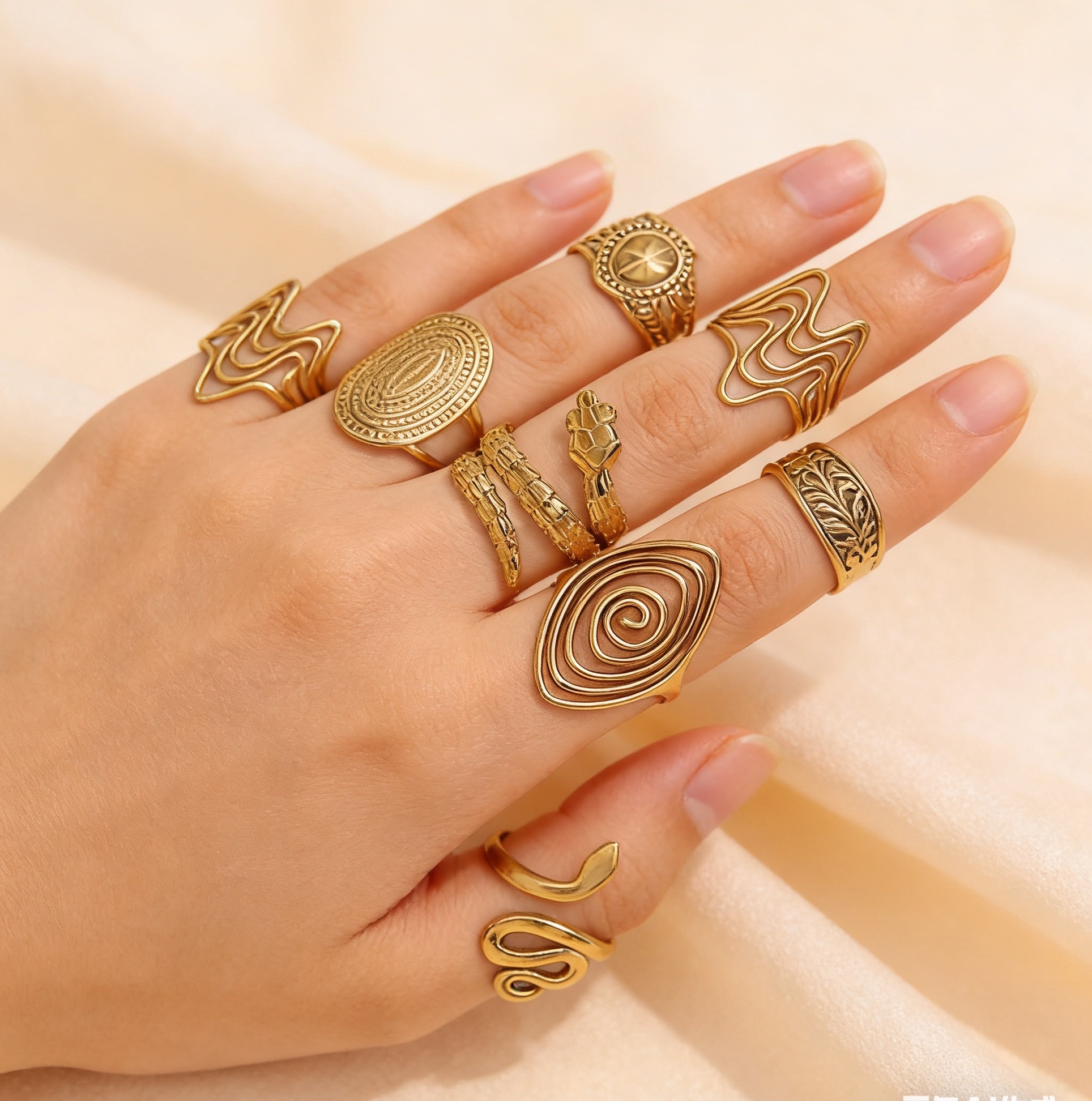 跨境爆款高级感不锈钢戒指开口复古几何线条指环油压饰品现货