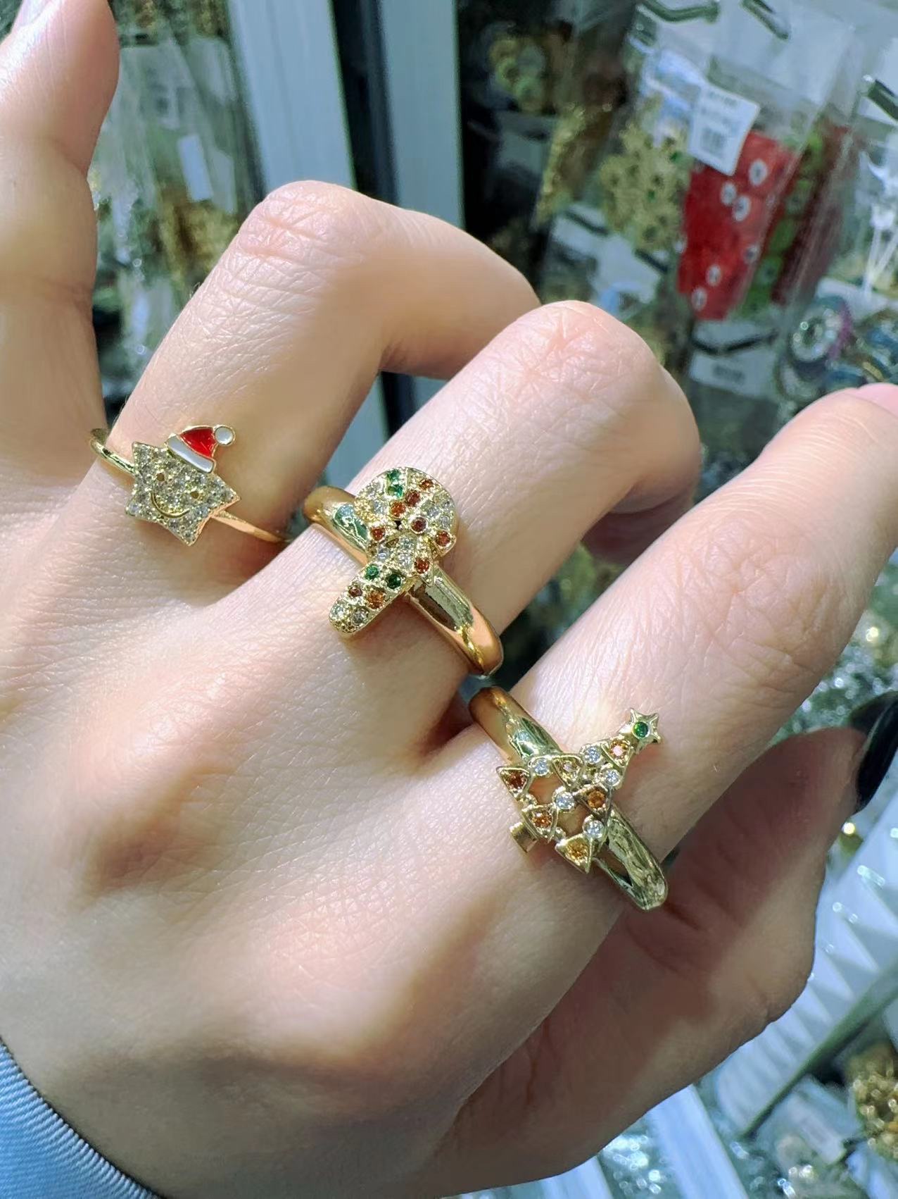 A light luxury festive atmosphere ring, Christmas element three-piece set, adjustable opening ring with diamonds Specification image