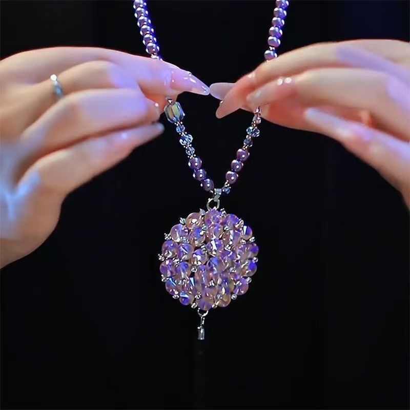 Autumn and winter versatile crystal sweater accessories, purple tassel fashionable sweatshirt dress, long flower necklace, trendy women's pendant Item Picture