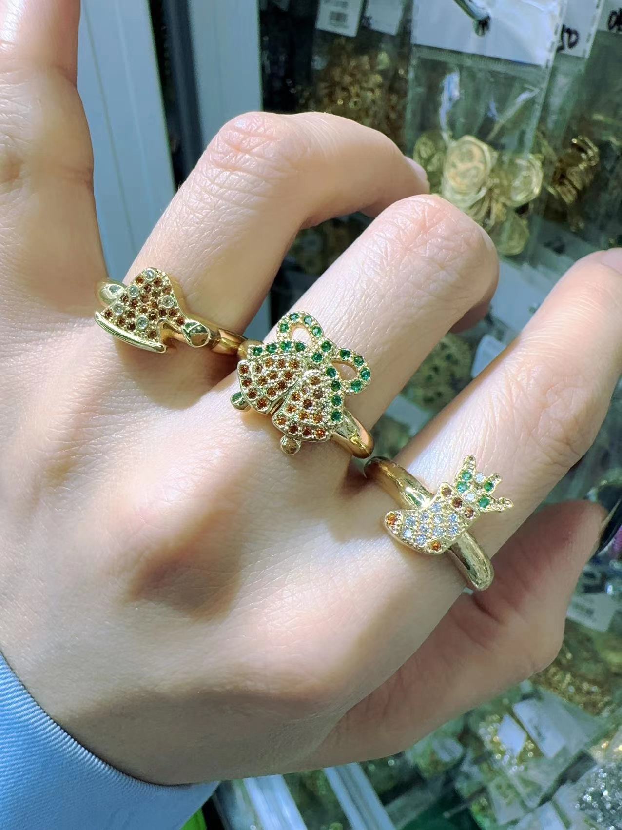 A light luxury festive atmosphere ring, Christmas element three-piece set, adjustable opening ring with diamonds details Picture