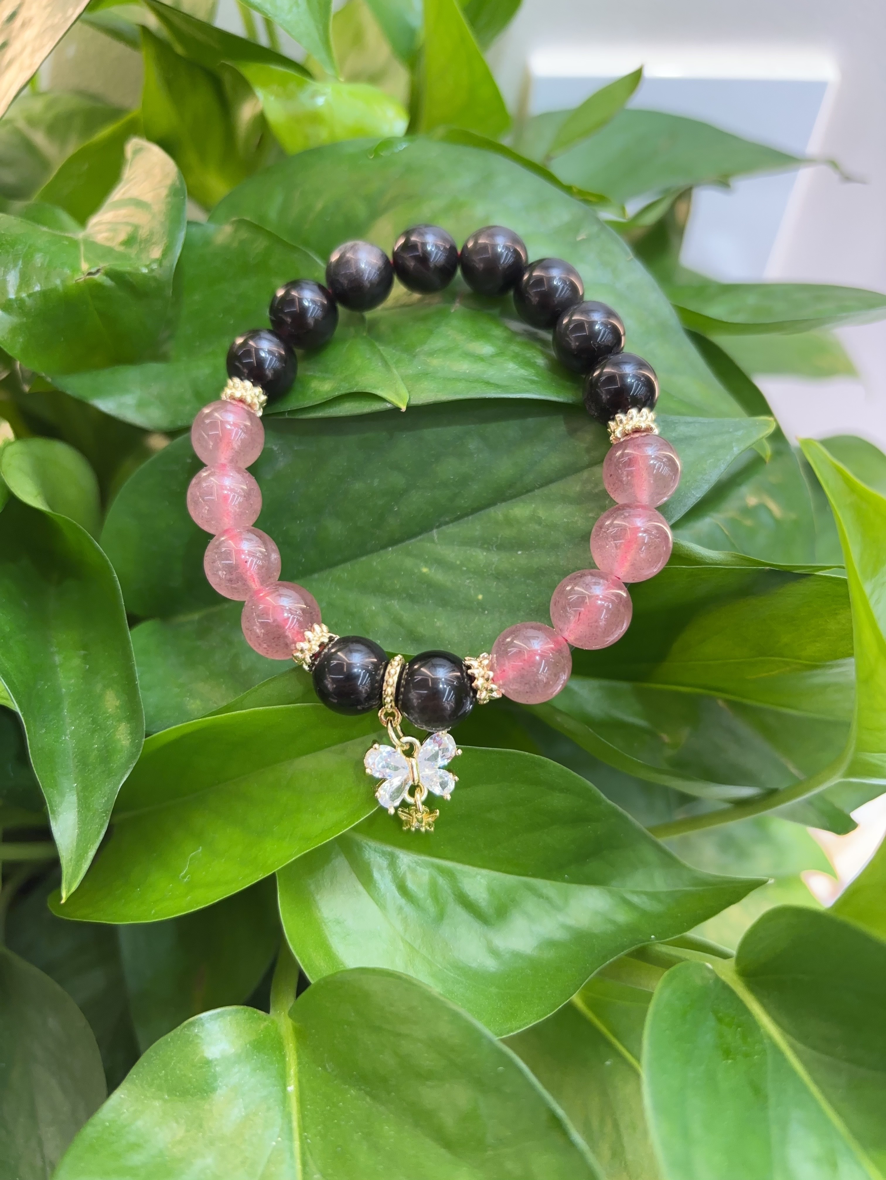 天然草莓晶水晶手链黑银曜石双拼莓晶小众送女友高级新款 