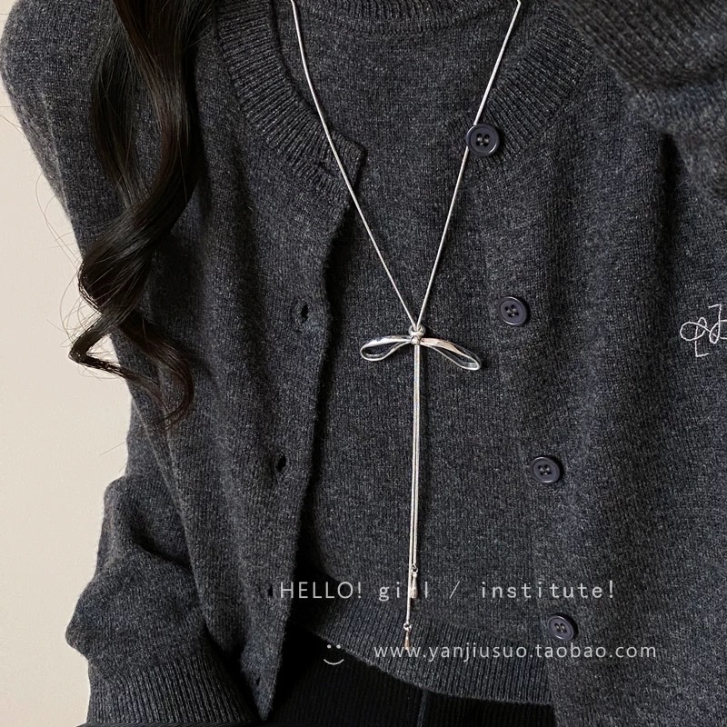 Silver bow tassel necklace for women's autumn and winter long pull-up sweater chain, light luxury and high-end, simple and versatile accessory details Picture