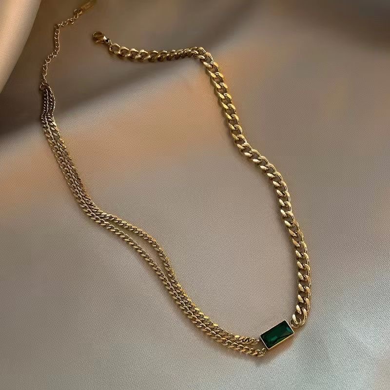 【 All-titanium Steel 】 Black and green square European and American cross-border bracelet, necklace and earrings, fashionable and high-end titanium steel jewelry detail image 3
