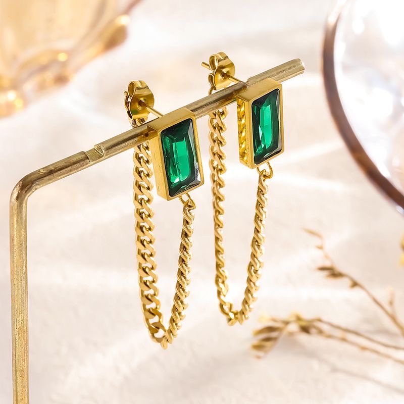 【 All-titanium Steel 】 Black and green square European and American cross-border bracelet, necklace and earrings, fashionable and high-end titanium steel jewelry detail image 9