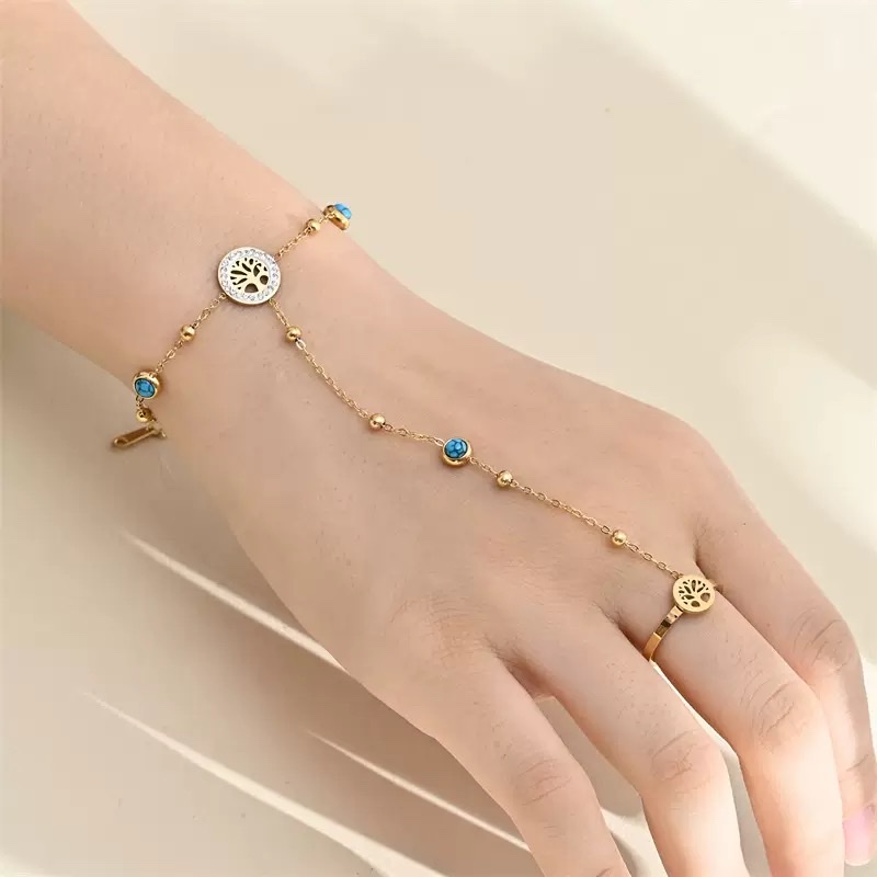 不锈钢手背戒子链钛钢手链戒指18 K金不掉色不过敏白底实物图