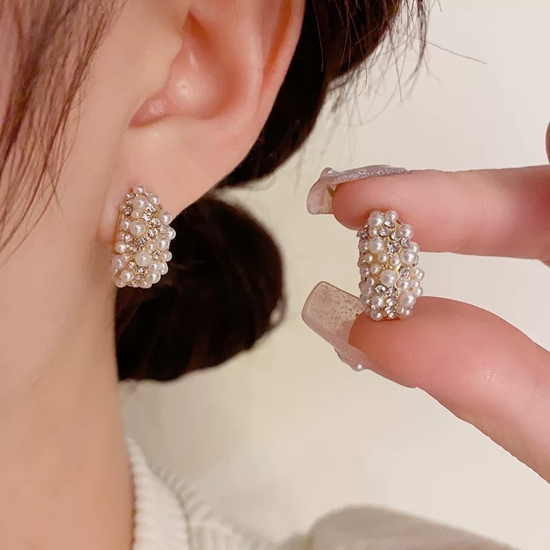 Rungeの「魅力十足」法式复古小香风锆石珍珠C型耳圈 925银针高级