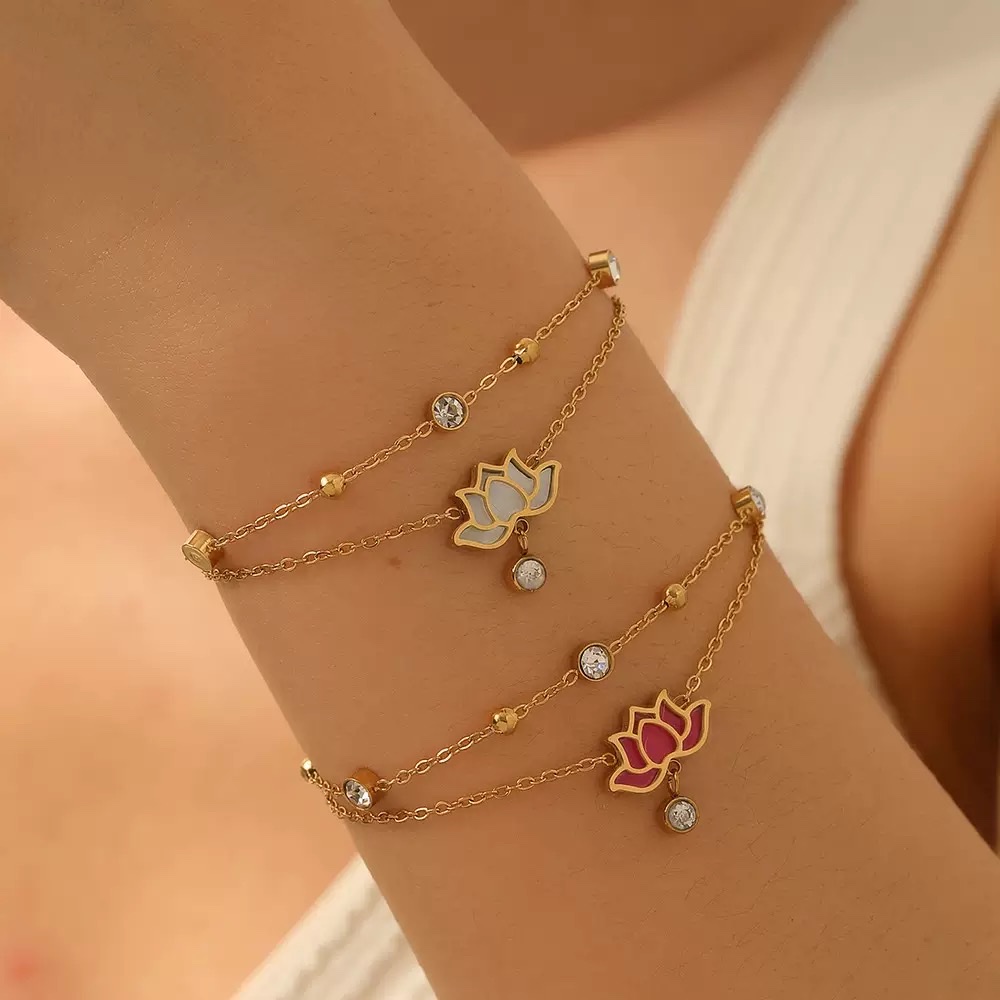 荷花双层手链莲花手链钛钢手链18金手链