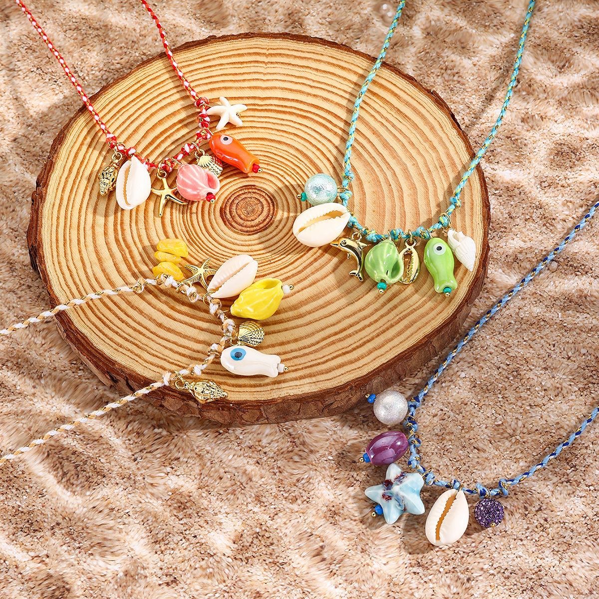 Cross-border bestseller summer ocean-style shell dopamine starfish necklace, colored rope ceramic pendant Bohemian necklace details Picture