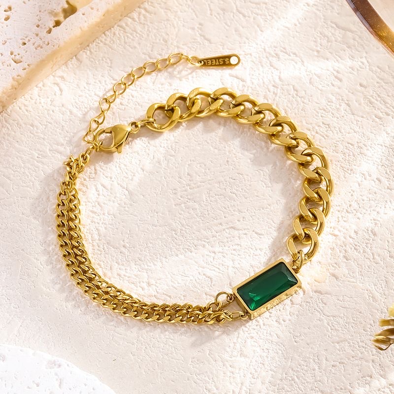 【 All-titanium Steel 】 Black and green square European and American cross-border bracelet, necklace and earrings, fashionable and high-end titanium steel jewelry detail image 8