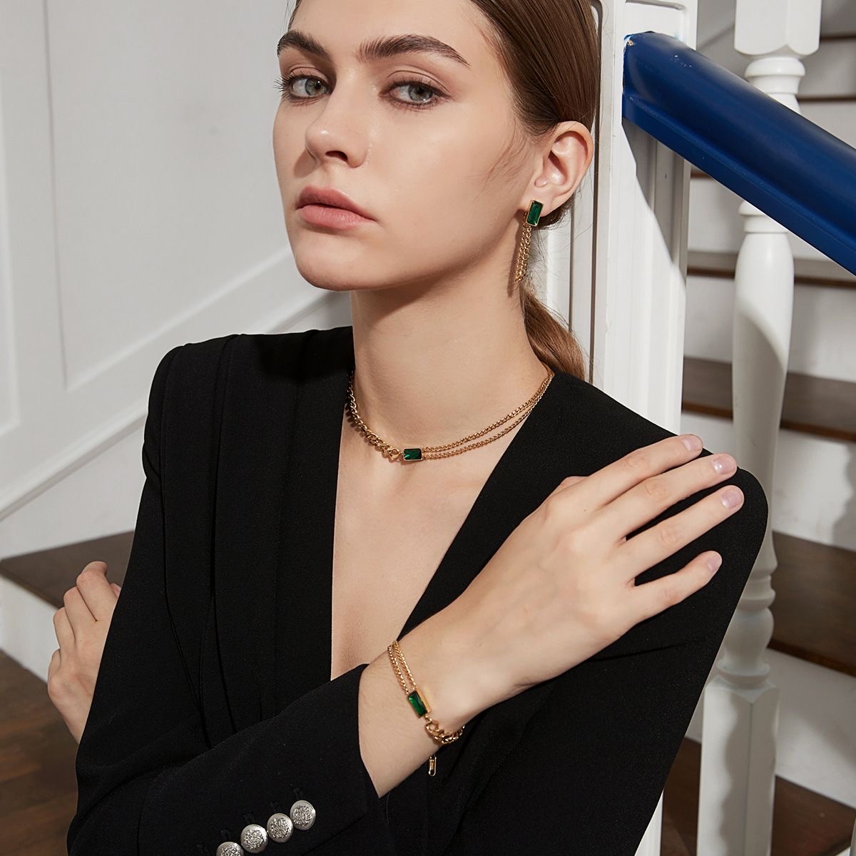 【 All-titanium Steel 】 Black and green square European and American cross-border bracelet, necklace and earrings, fashionable and high-end titanium steel jewelry detail image 7