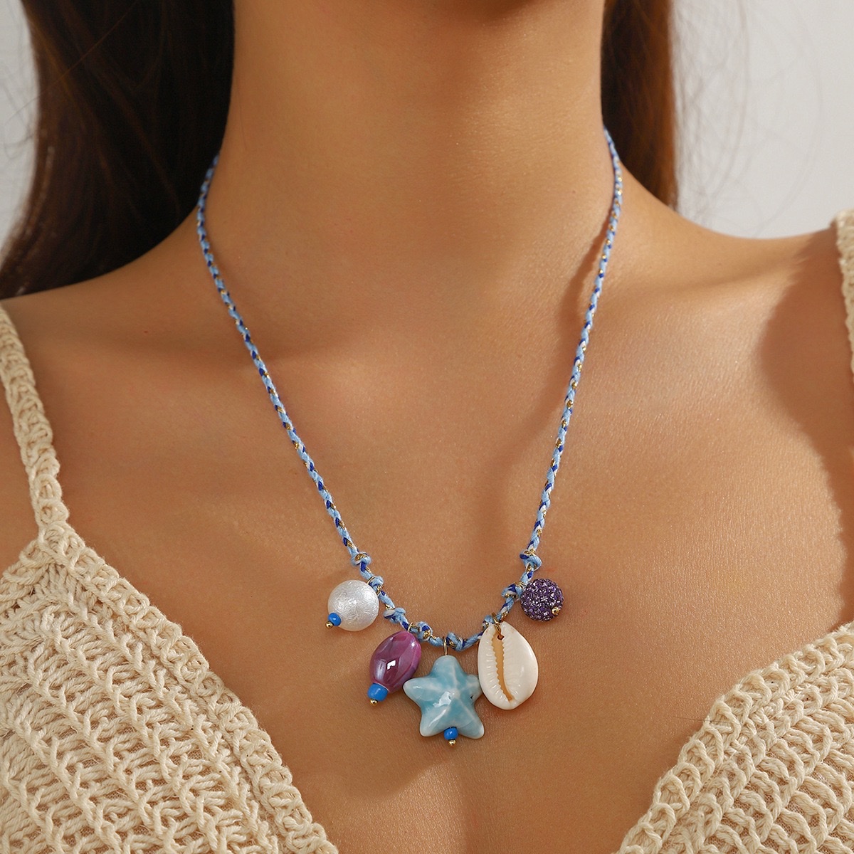 Cross-border bestseller summer ocean-style shell dopamine starfish necklace, colored rope ceramic pendant Bohemian necklace Specification image