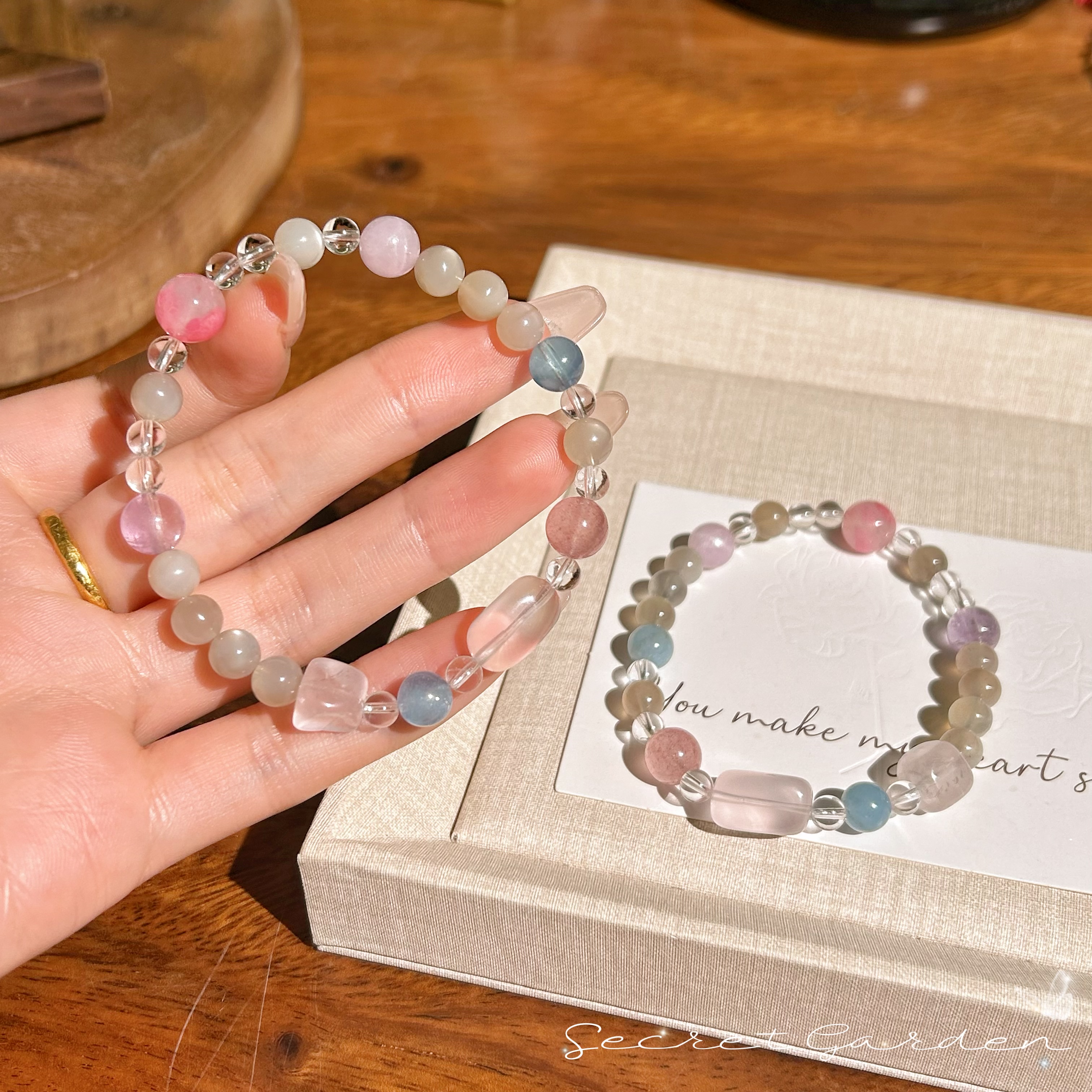 天然多宝水晶6mm单圈手链海蓝宝白水晶粉晶随行马粉手串设计款