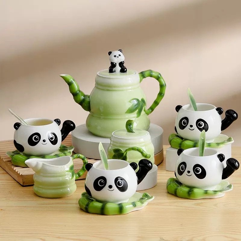 New creative and cute enamel panda 15-head ceramic coffee cup set, portable for friends