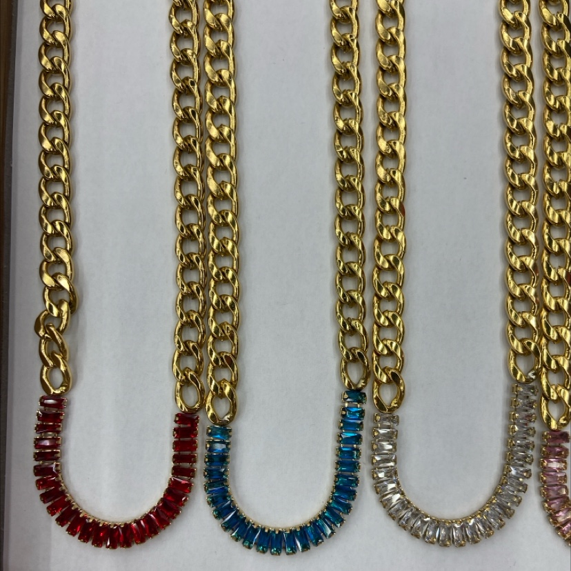 荣鑫饰品 钛钢项链 欧美ins风高级感轻奢气质女时尚多彩锆石镶嵌钛钢不褪色项链